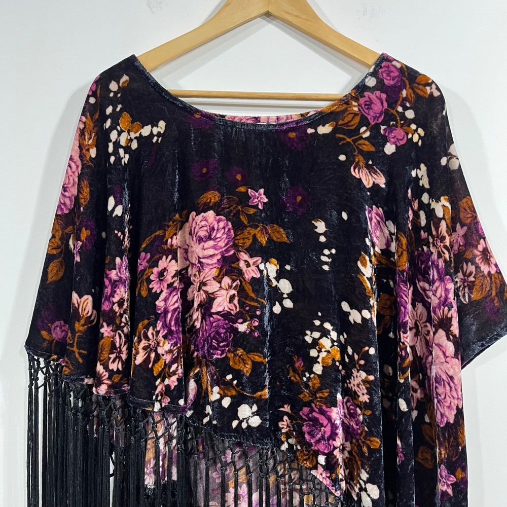 Saachi Anthropologie Womens Floral Velvet Fringe Poncho Top Boho Asymmetrical OS - Picture 4 of 12